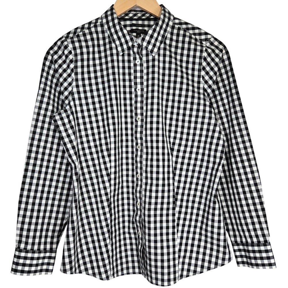 Talbots Petite‎ Non-Iron Gingham Button Down Shirt Black White 8P Stretch Cotton
